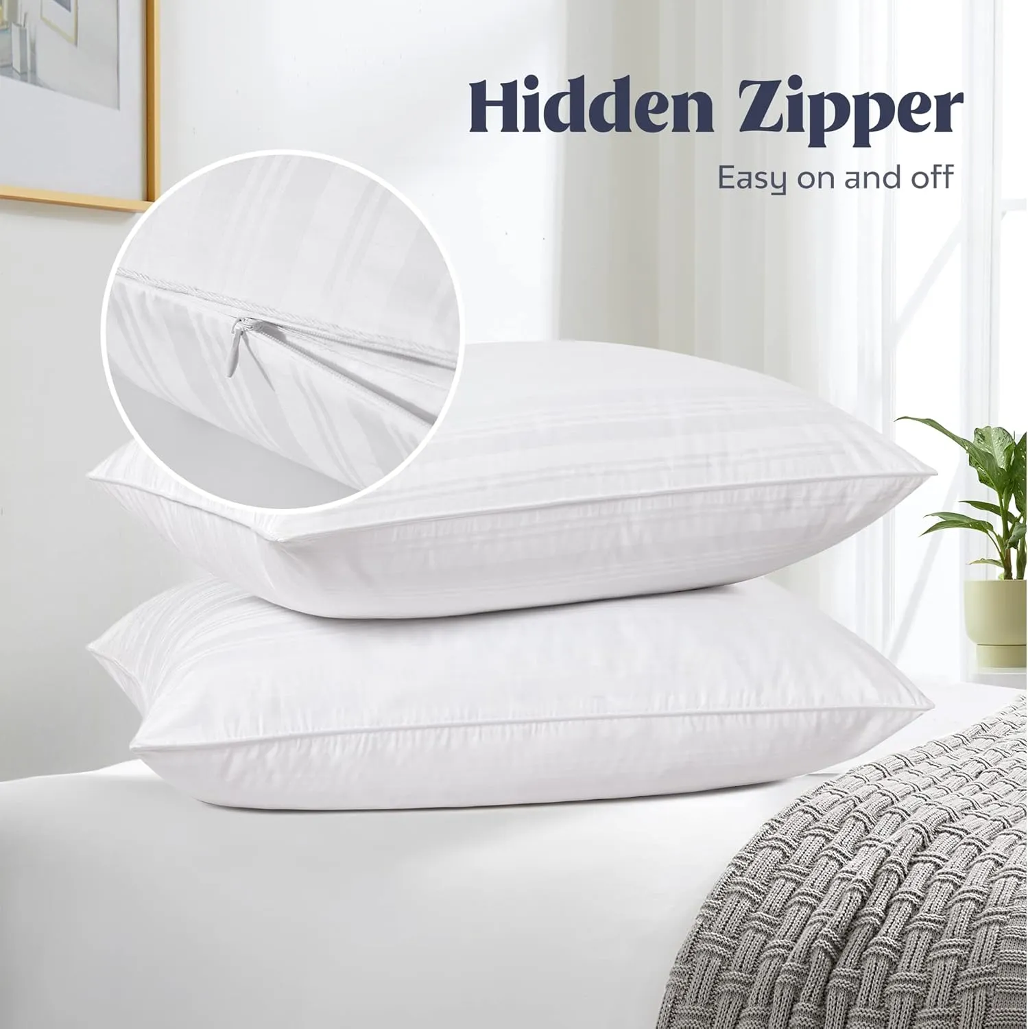 puredown® Natural Goose Feather Down Bed Pillows for Sleeping with 2 Outer Protectors, Hotel King Pillows Set of 2 with Cotton Fabric Cover (Pack of 2)