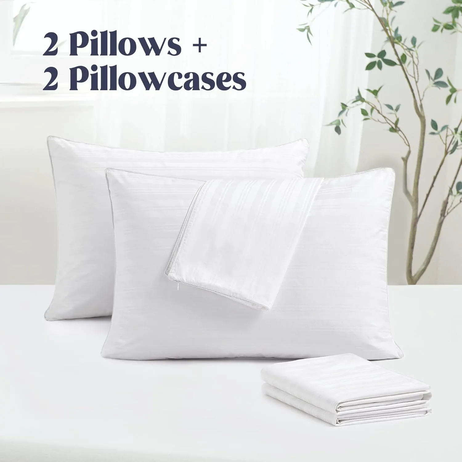 puredown® Natural Goose Feather Down Bed Pillows for Sleeping with 2 Outer Protectors, Hotel King Pillows Set of 2 with Cotton Fabric Cover (Pack of 2)