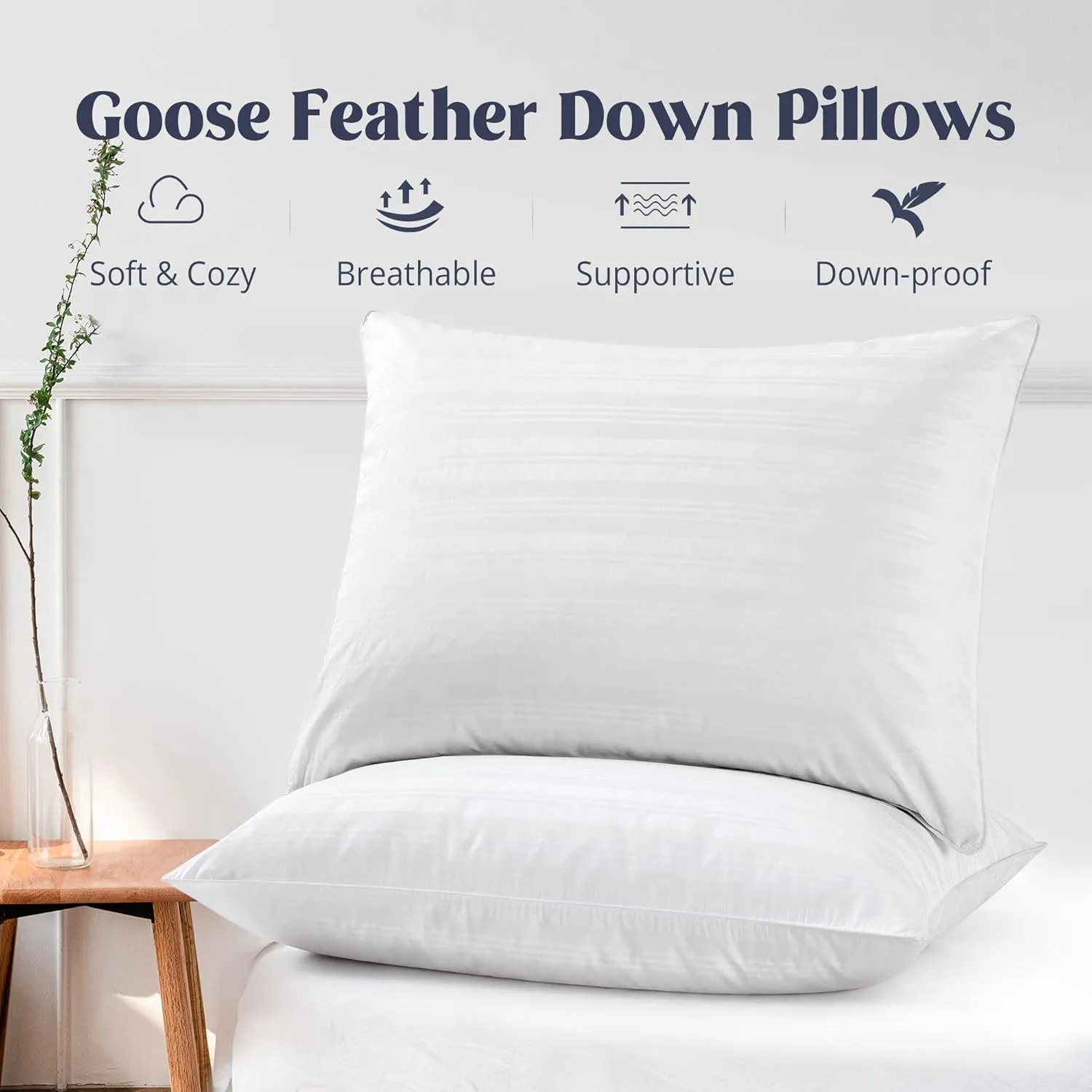 puredown® Natural Goose Feather Down Bed Pillows for Sleeping with 2 Outer Protectors, Hotel King Pillows Set of 2 with Cotton Fabric Cover (Pack of 2)