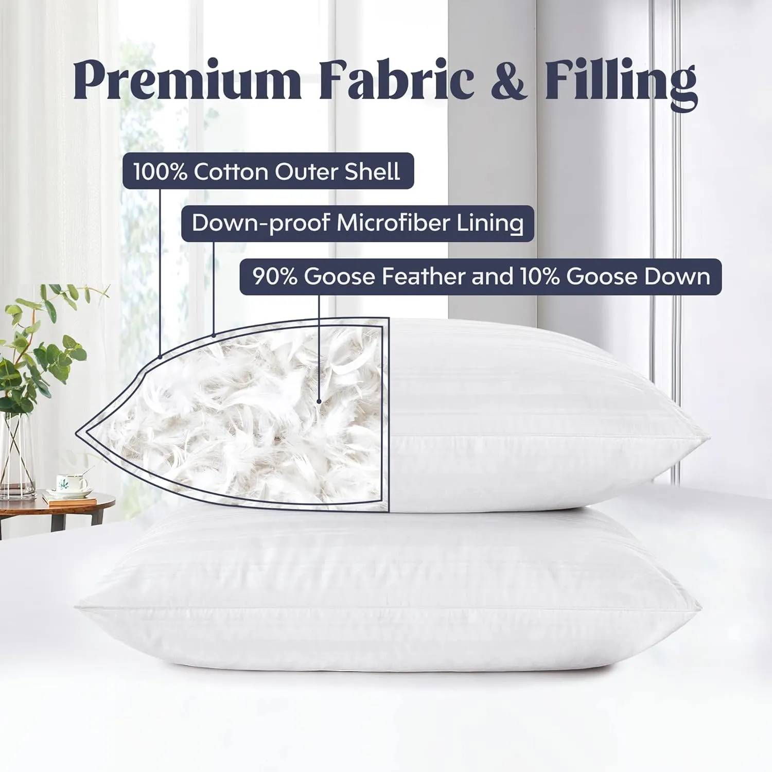puredown® Natural Goose Feather Down Bed Pillows for Sleeping with 2 Outer Protectors, Hotel King Pillows Set of 2 with Cotton Fabric Cover (Pack of 2)