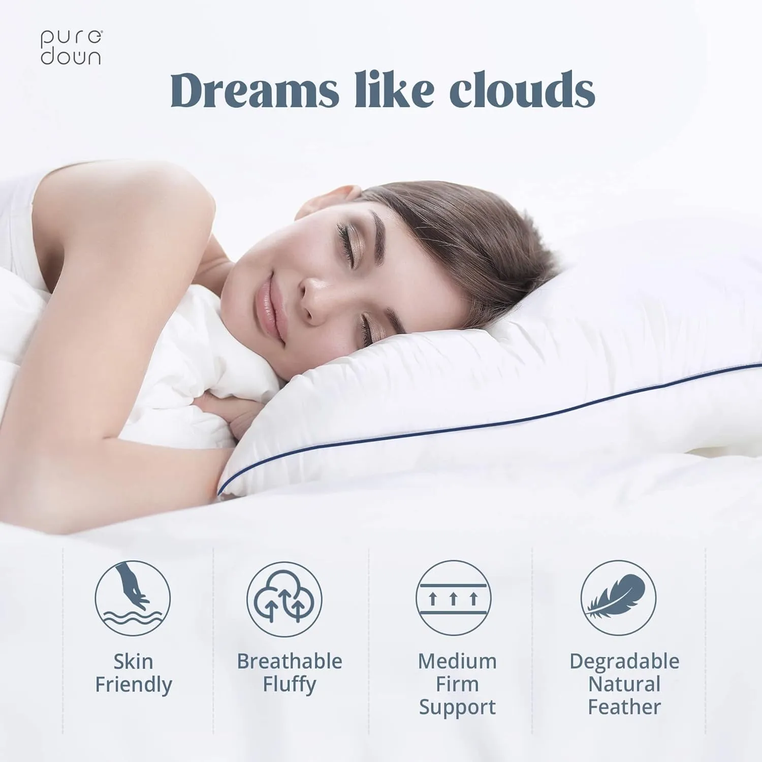 puredown® Premium White Goose Feather and Down Pillows, 2 Pack Luxury Bed Pillows for Sleeping with 100% Cotton Cover, Queen Size,Navy