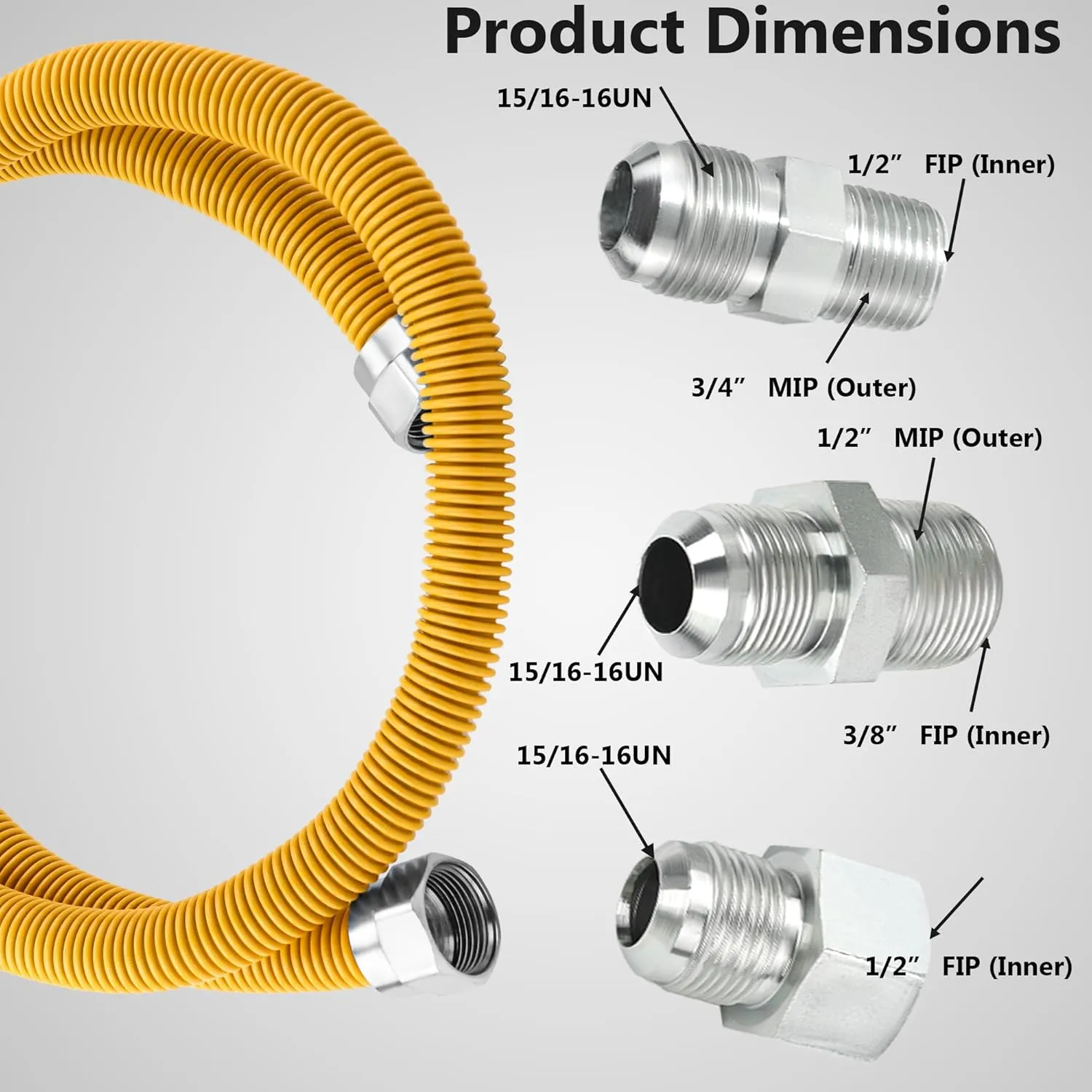 Puxyblue [2025 NEW] 48" Flexible Gas Line Kit for Dryer Stove Range Flexible Stainless Steel Gas Dryer Kit - 5/8" OD(1/2" ID) Dryer Gas Line with Connector 1/2" FIP & 1/2" MIP & 3/4" MIP Fitting