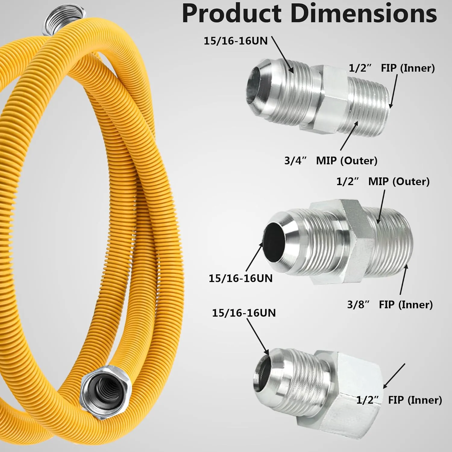 Puxyblue [2025 NEW] 72" Flexible Gas Line Kit for Dryer Stove Range Flexible Stainless Steel Gas Dryer Kit - 5/8" OD(1/2" ID) Dryer Gas Line with Connector 1/2" FIP & 1/2" MIP & 3/4" MIP Fitting