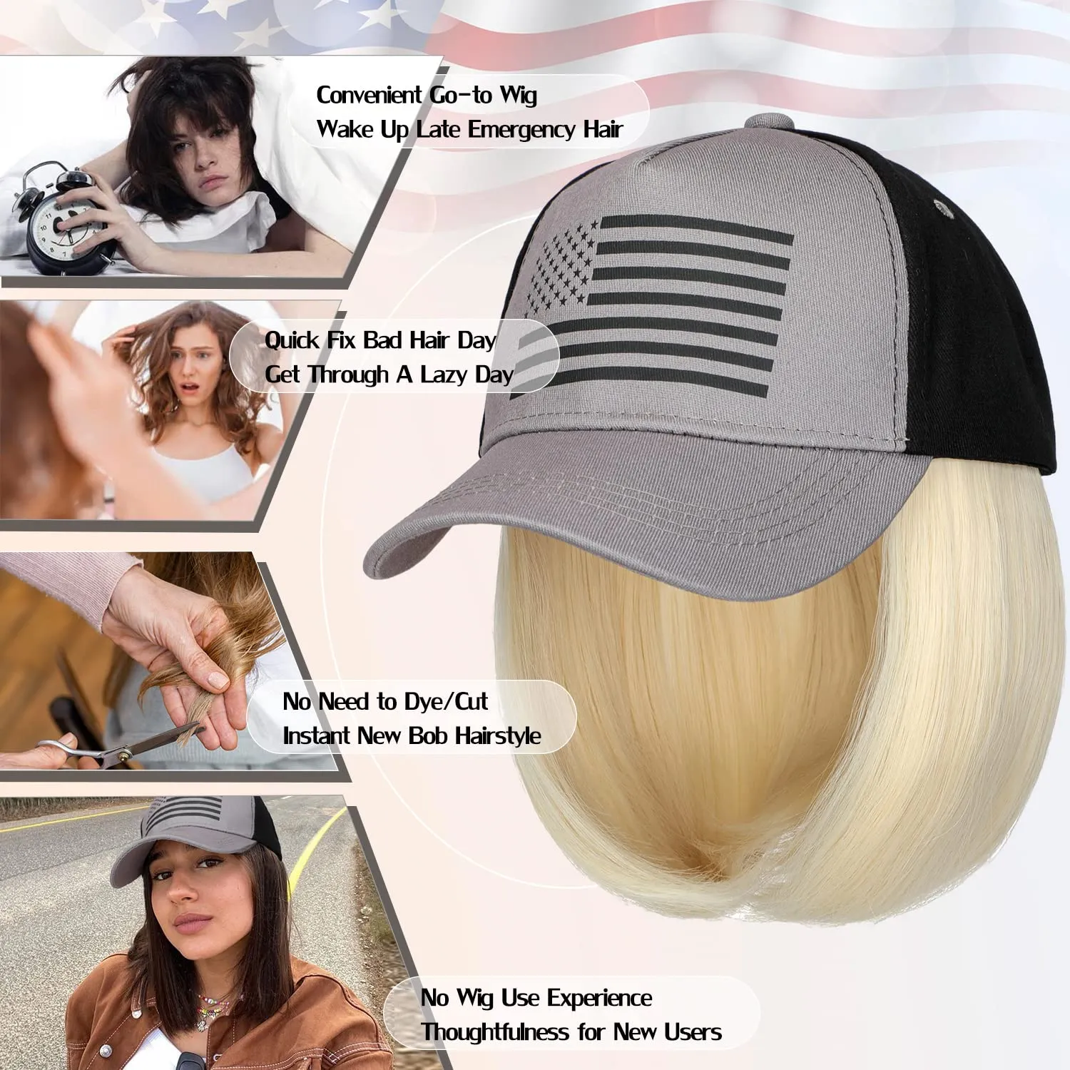 Qlenkay American Flag Hat Wig USA Flag Adjustable Baseball Cap Attached with 14" Hair Extensions Straight Bob Synthetic Hairpiece for Women Bleach Blonde
