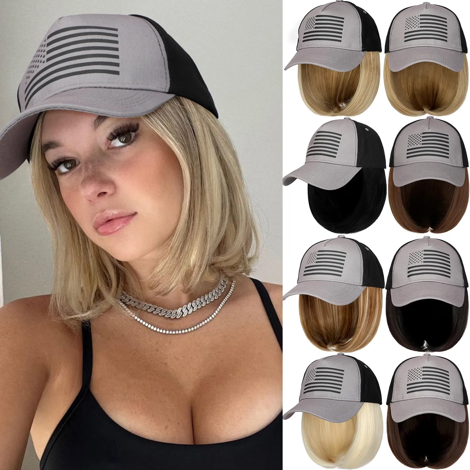 Qlenkay American Flag Hat Wig USA Flag Adjustable Baseball Cap Attached with 14" Hair Extensions Straight Bob Synthetic Hairpiece for Women Bleach Blonde