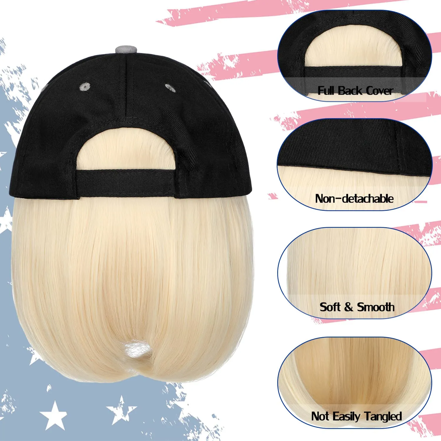 Qlenkay American Flag Hat Wig USA Flag Adjustable Baseball Cap Attached with 14" Hair Extensions Straight Bob Synthetic Hairpiece for Women Bleach Blonde