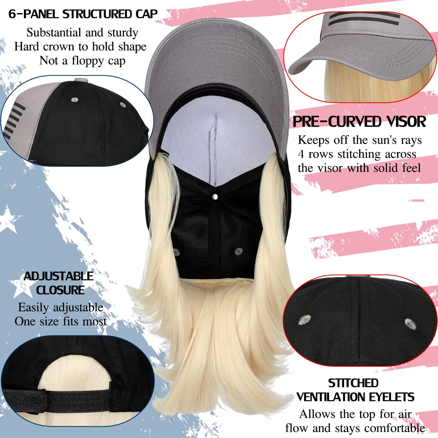 Qlenkay American Flag Hat Wig USA Flag Adjustable Baseball Cap Attached with 14" Hair Extensions Straight Bob Synthetic Hairpiece for Women Bleach Blonde