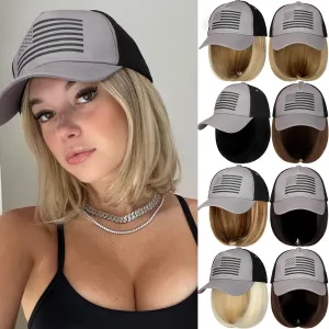 Qlenkay American Flag Hat Wig USA Flag Adjustable Baseball Cap Attached with 14" Hair Extensions Straight Bob Synthetic Hairpiece for Women Bleach Blonde