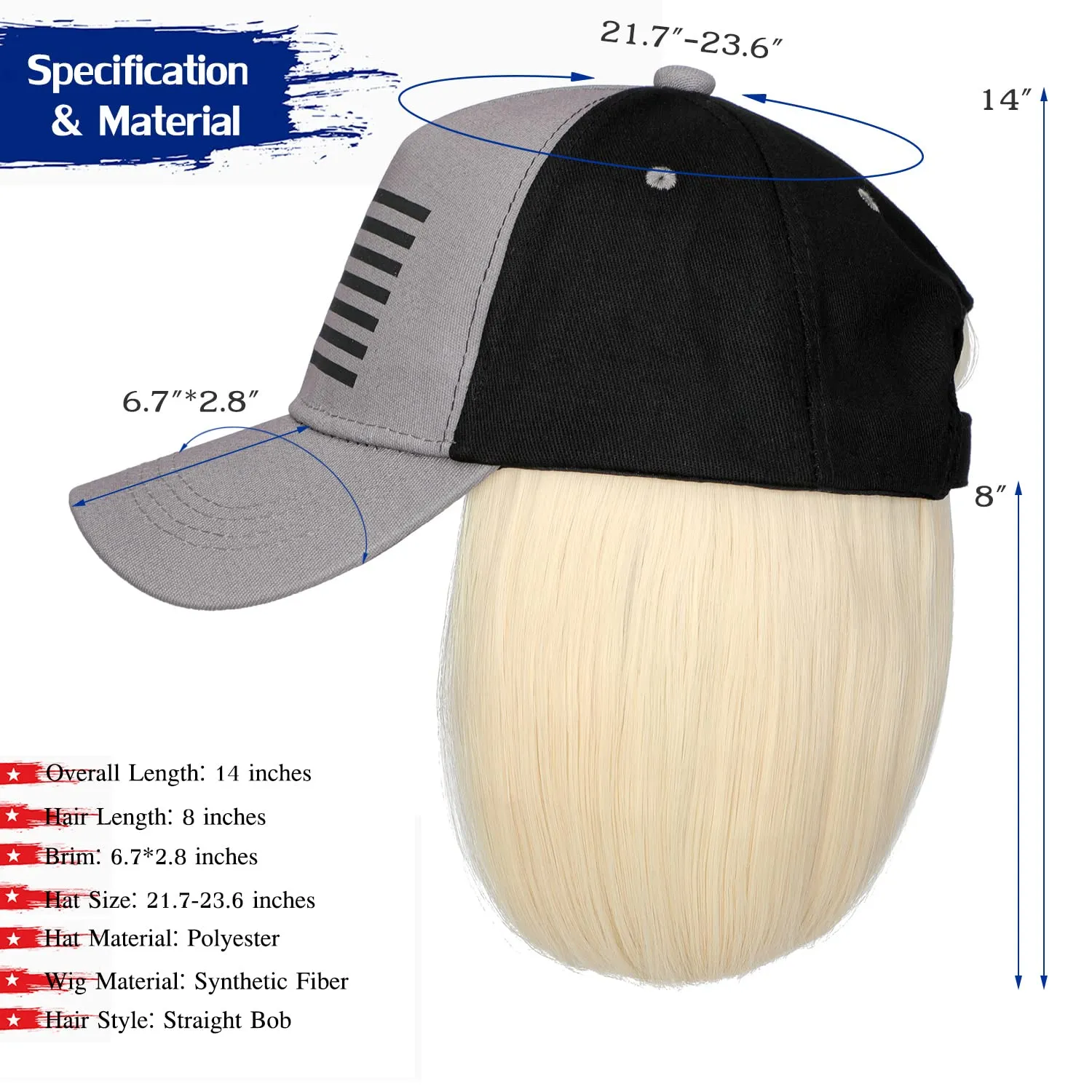 Qlenkay American Flag Hat Wig USA Flag Adjustable Baseball Cap Attached with 14" Hair Extensions Straight Bob Synthetic Hairpiece for Women Bleach Blonde