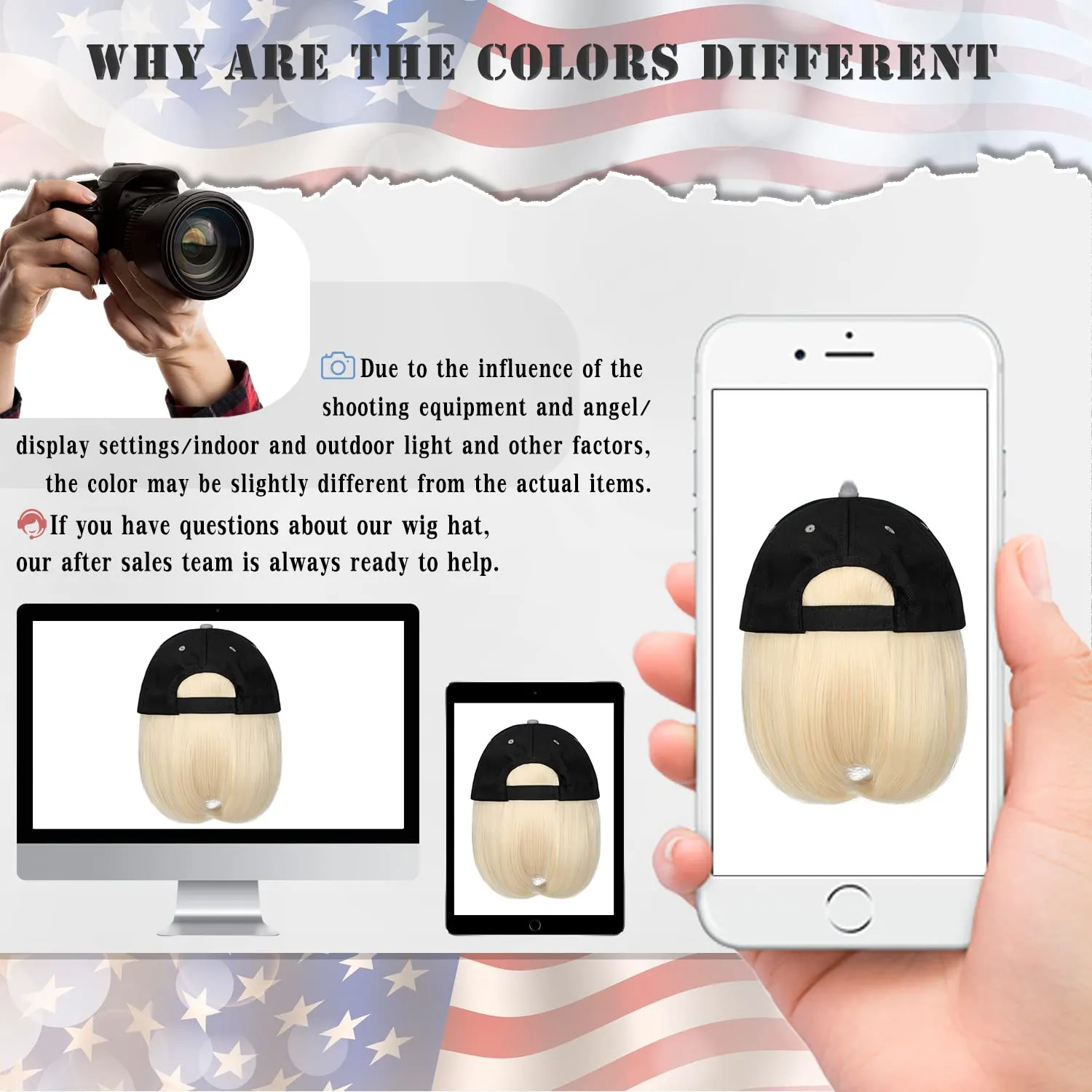 Qlenkay American Flag Hat Wig USA Flag Adjustable Baseball Cap Attached with 14" Hair Extensions Straight Bob Synthetic Hairpiece for Women Bleach Blonde