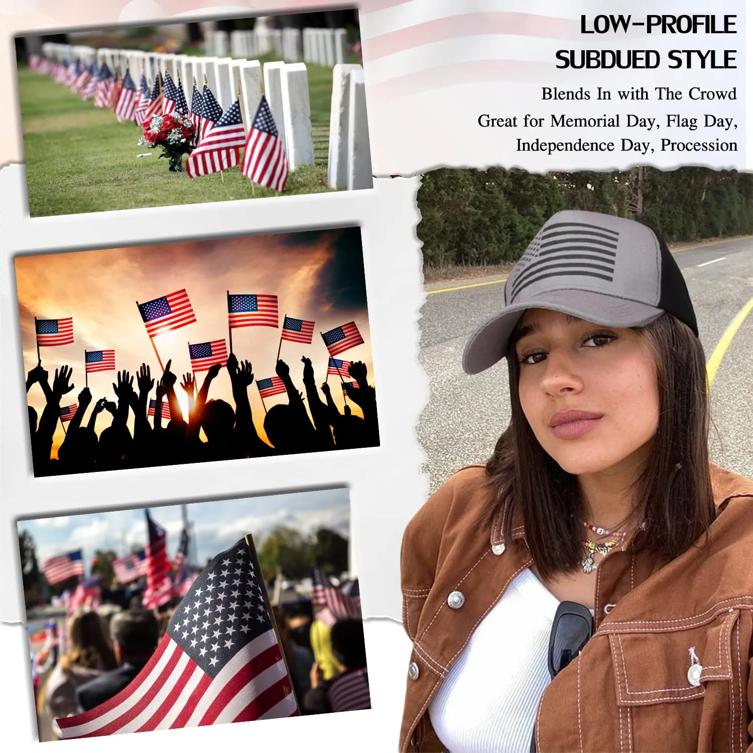 Qlenkay American Flag Hat Wig USA Flag Adjustable Baseball Cap Attached with 14" Hair Extensions Straight Bob Synthetic Hairpiece for Women Bleach Blonde