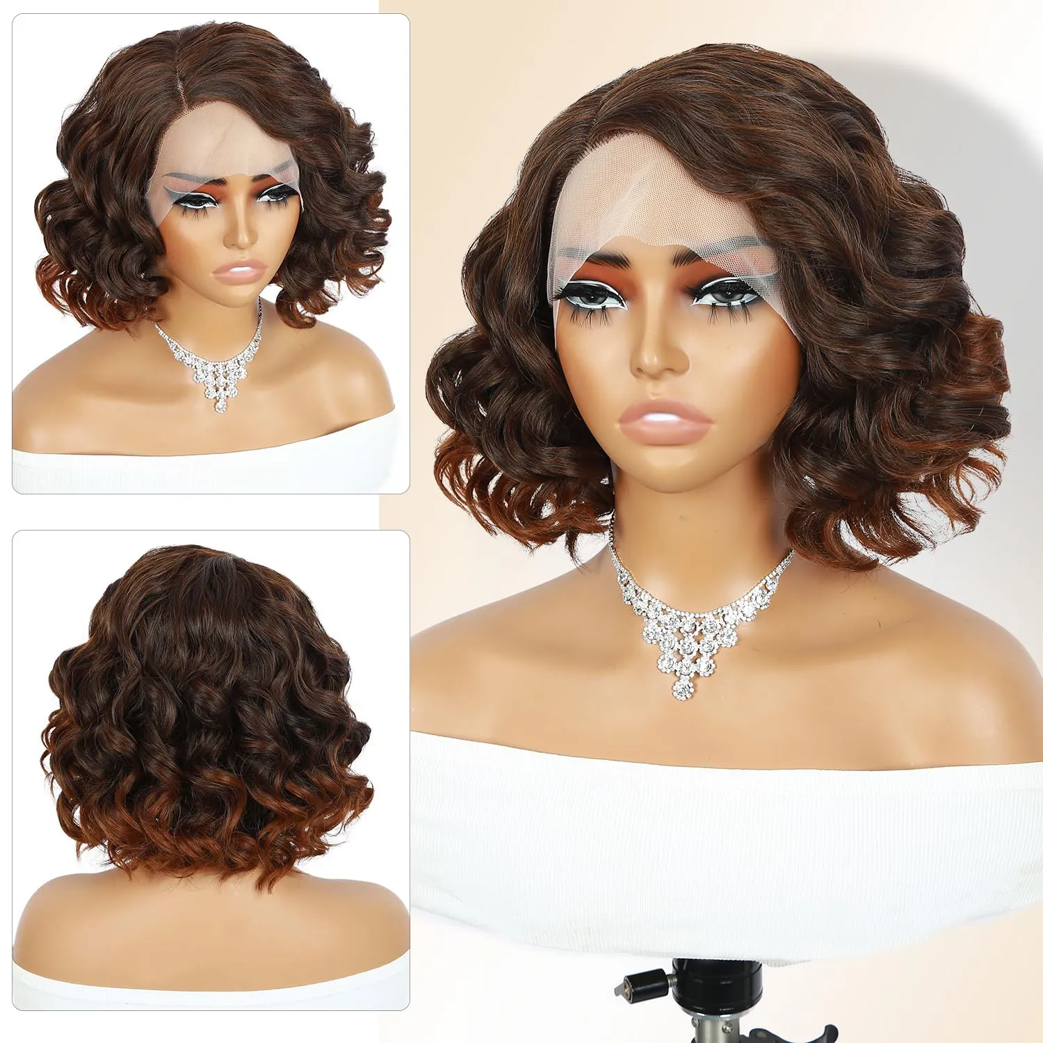 Quantum Love Short Curly Wavy Wigs Curly Bob Lace Front Wig for Women Short Body Wave Side Part Synthetic Mix Brown Wig 14 inches