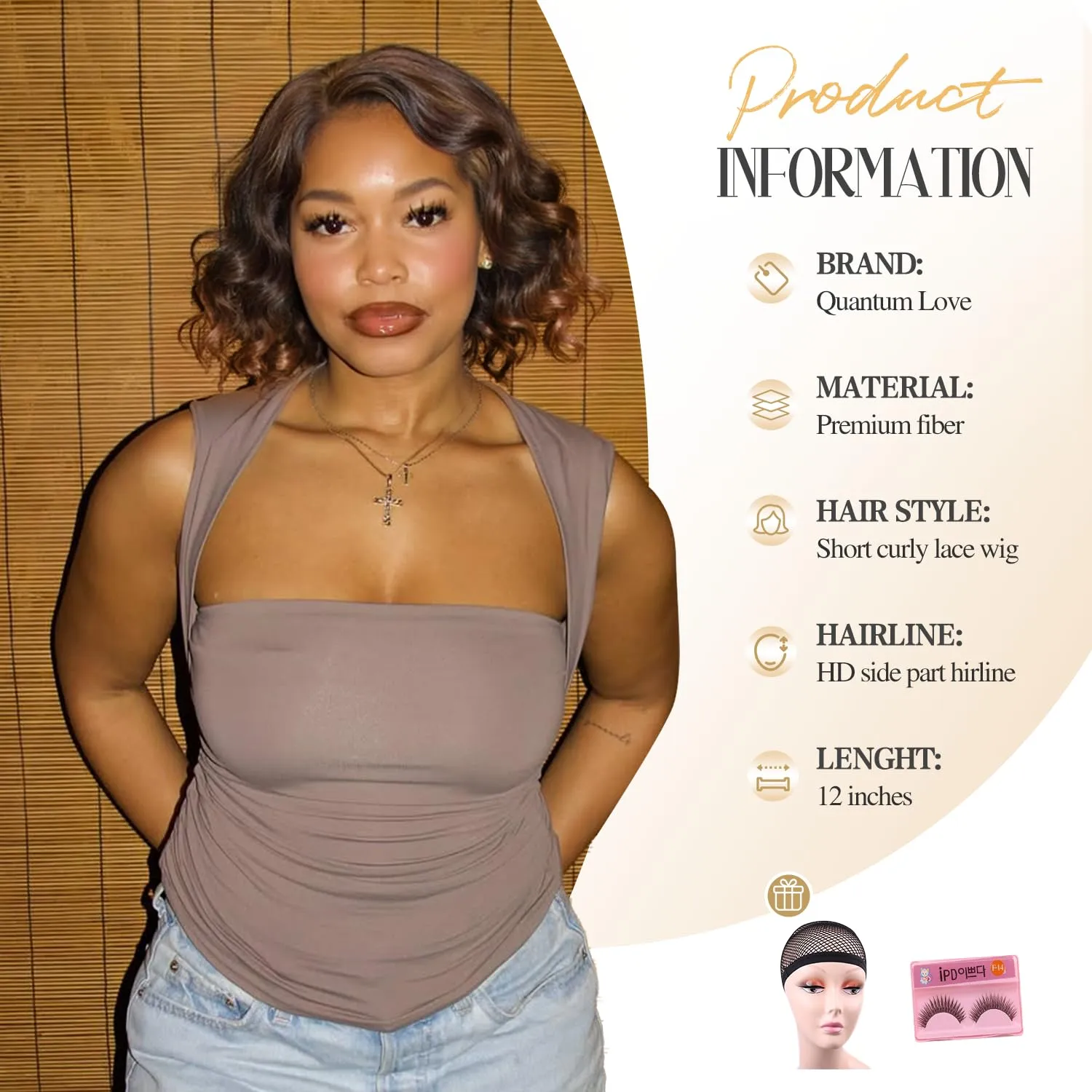 Quantum Love Short Curly Wavy Wigs Curly Bob Lace Front Wig for Women Short Body Wave Side Part Synthetic Mix Brown Wig 14 inches