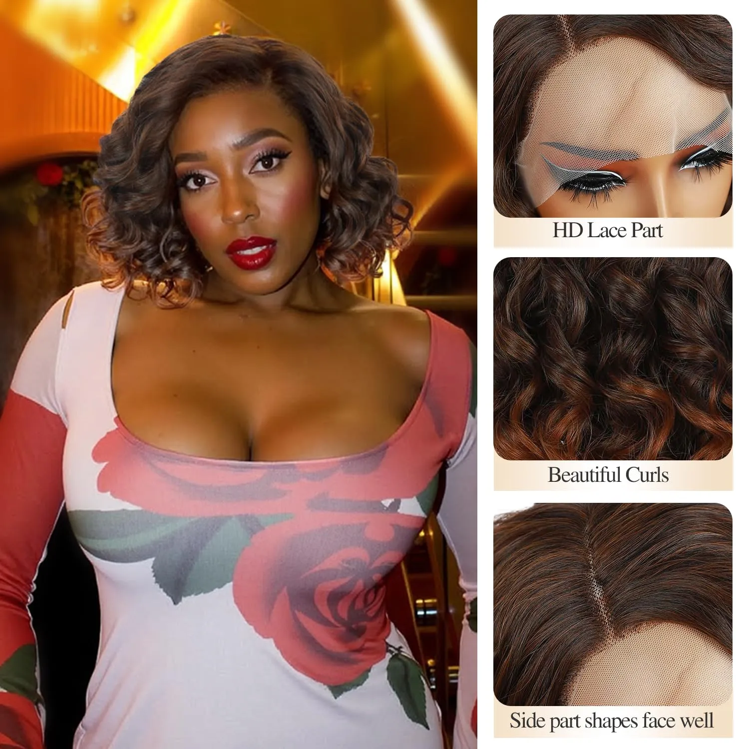 Quantum Love Short Curly Wavy Wigs Curly Bob Lace Front Wig for Women Short Body Wave Side Part Synthetic Mix Brown Wig 14 inches