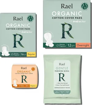 Rael Feminine Care, Period Essential for Women - Organic Cotton Cover Regular & Overnight Pads for Women, Regular Panty Liners and Feminine Wipes