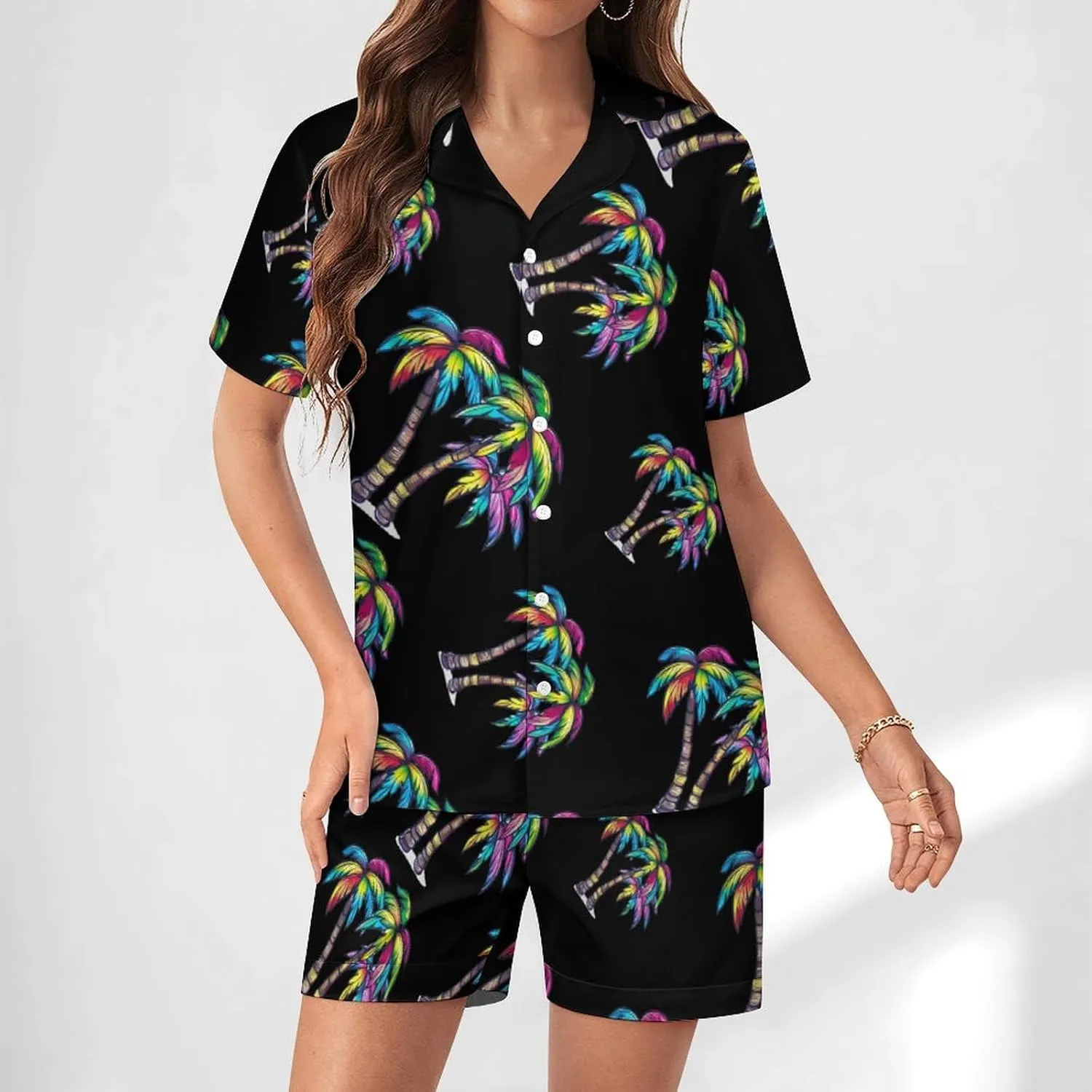 Rainbow Palm Women's Satin Pajama Set Short Sleeve Button Down Sleepwear Loungewear Pj Set