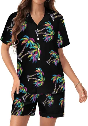 Rainbow Palm Women's Satin Pajama Set Short Sleeve Button Down Sleepwear Loungewear Pj Set