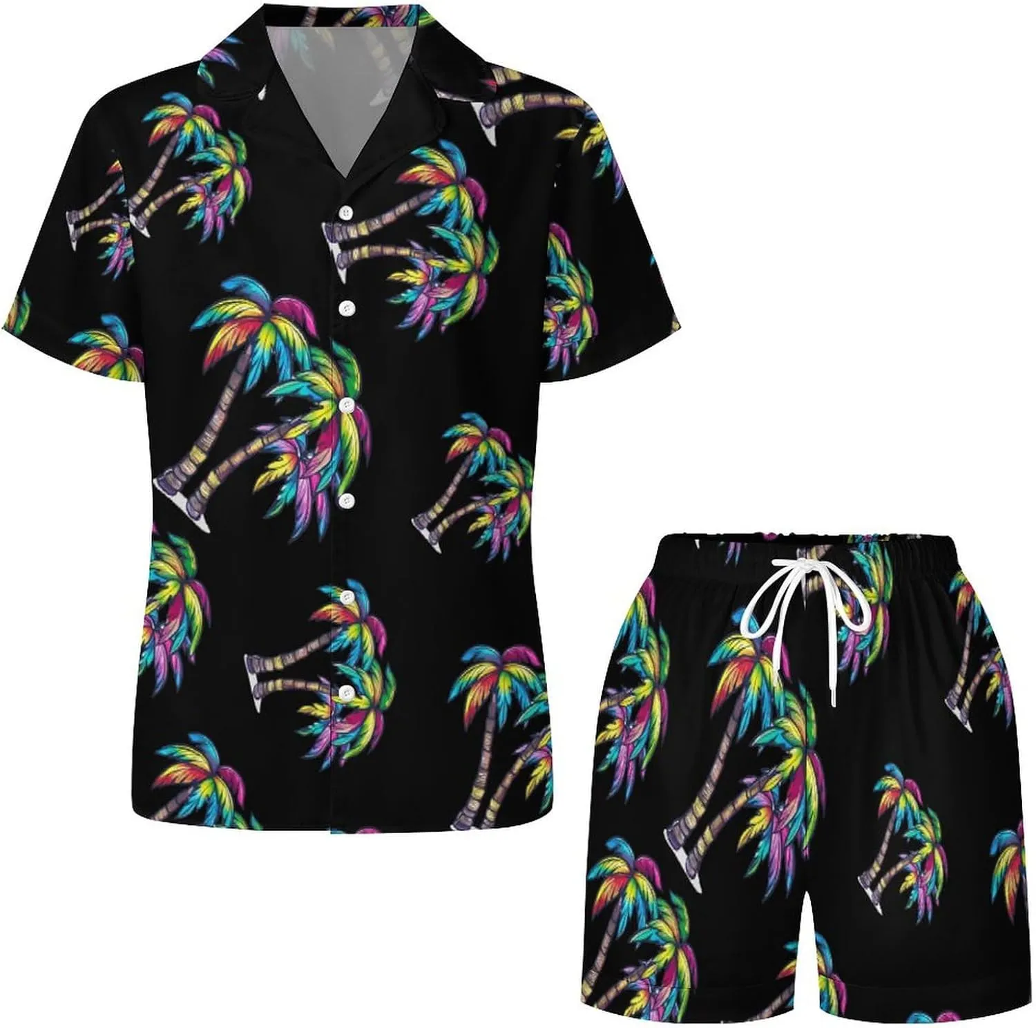 Rainbow Palm Women's Satin Pajama Set Short Sleeve Button Down Sleepwear Loungewear Pj Set