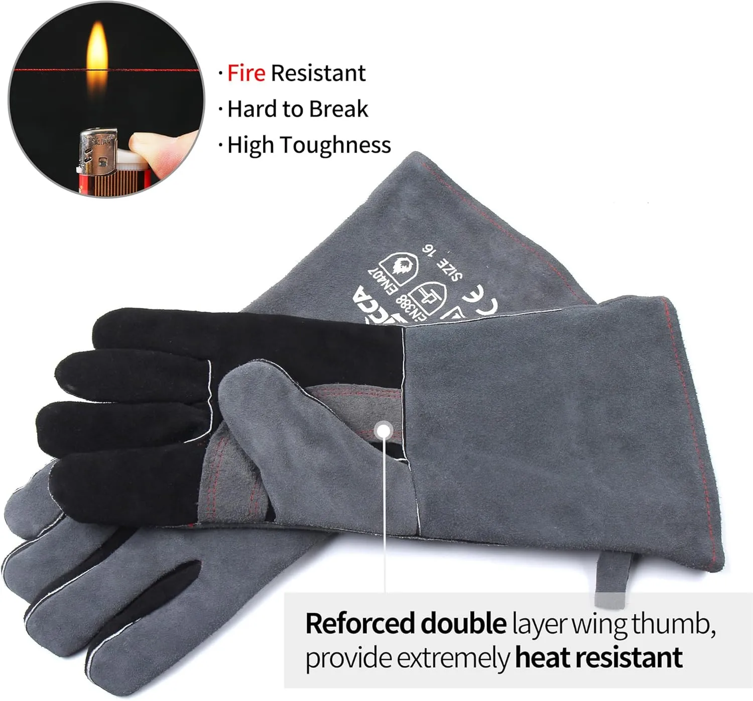 RAPICCA Fireplace Gloves Fire Heat Resistant: Grey 16IN - Fireproof Leather for Fireplace Fire pit Wood stove Campfire Furnace BBQ Grill Stick Mig Welding Welder Gear - one size 662℉