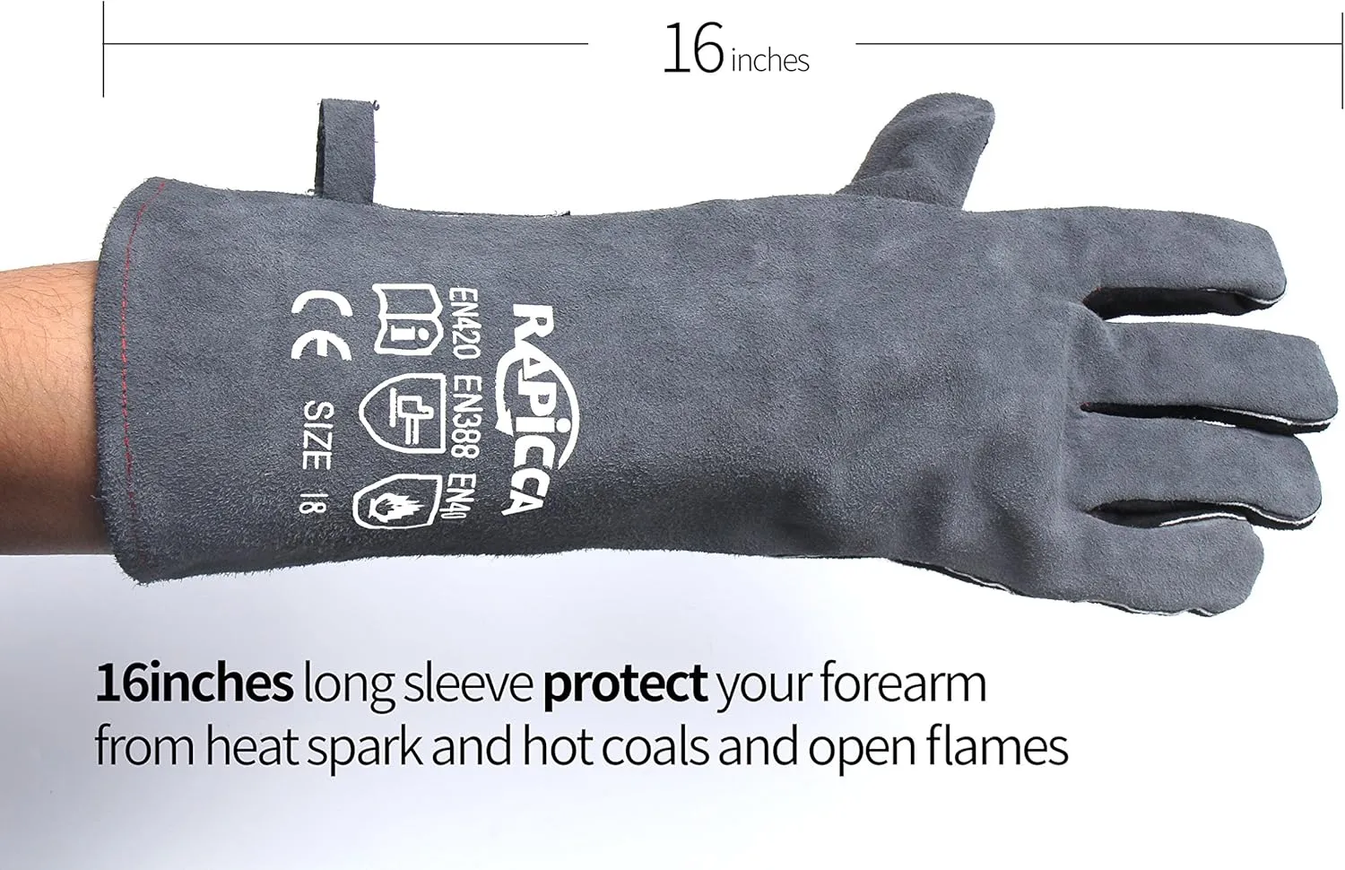 RAPICCA Fireplace Gloves Fire Heat Resistant: Grey 16IN - Fireproof Leather for Fireplace Fire pit Wood stove Campfire Furnace BBQ Grill Stick Mig Welding Welder Gear - one size 662℉