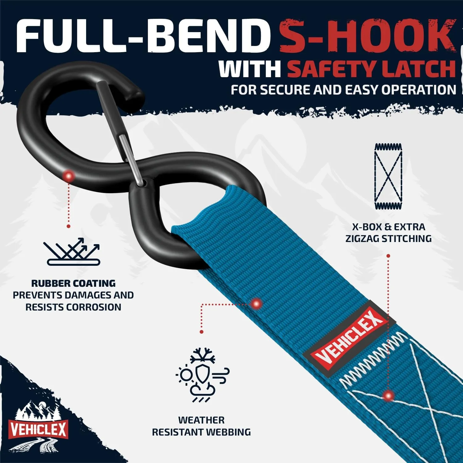 Ratchet Tie-Down Straps Set - (1" x 15', 2200lbs Breaking Strength) - Vehiclex Soft Loops, Coated S-Hooks, Storage Bag for ATV, Motorcycle, Bicycle, Kayak, Cargo Securing, Blue