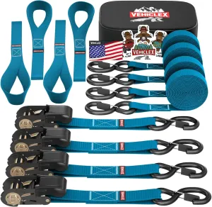 Ratchet Tie-Down Straps Set - (1" x 15', 2200lbs Breaking Strength) - Vehiclex Soft Loops, Coated S-Hooks, Storage Bag for ATV, Motorcycle, Bicycle, Kayak, Cargo Securing, Blue