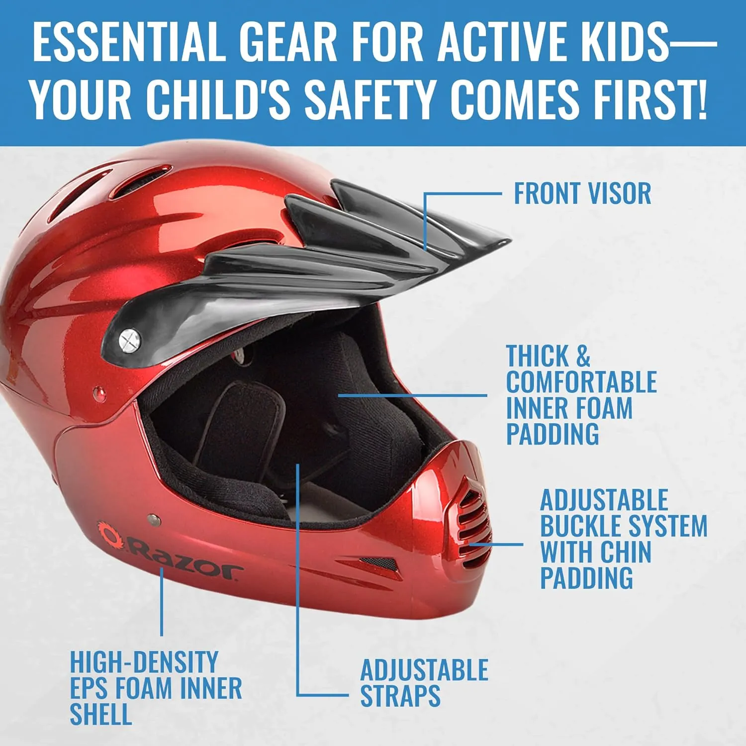 Razor Full Face Youth Helmet - Lightweight Plastic Outer Shell with Adjustable Straps for Young Riders