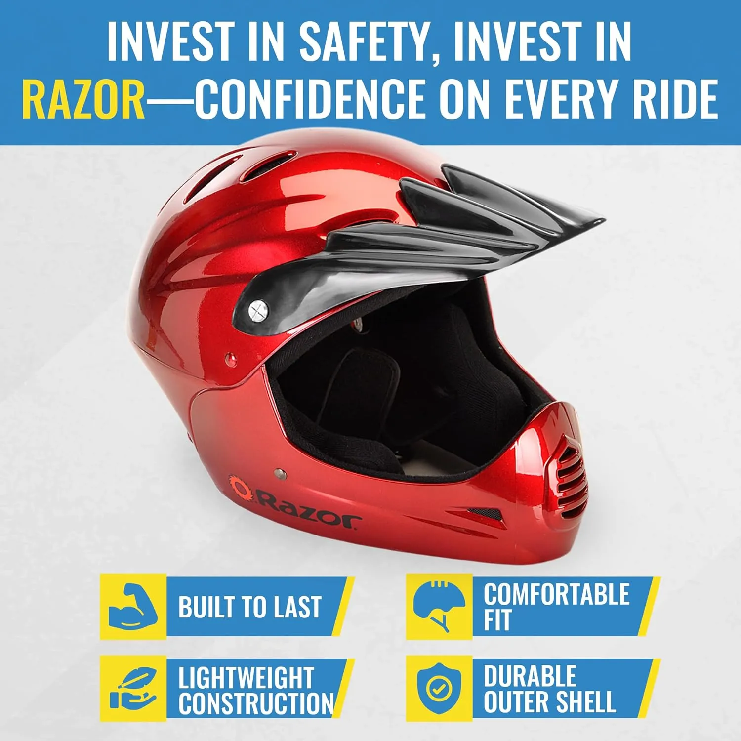 Razor Full Face Youth Helmet - Lightweight Plastic Outer Shell with Adjustable Straps for Young Riders