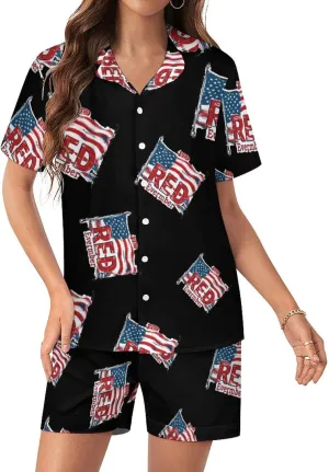 RED Friday Remember Everyone Deployed Women's Satin Pajama Set Short Sleeve Button Down Sleepwear Loungewear Pj Set