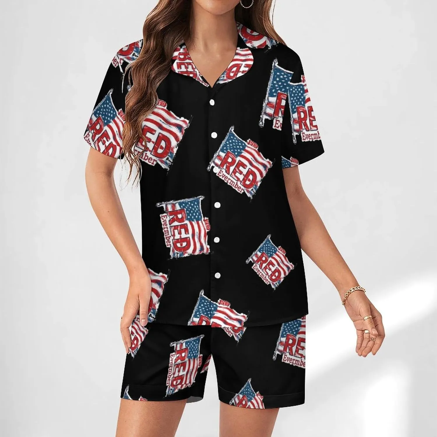 RED Friday Remember Everyone Deployed Women's Satin Pajama Set Short Sleeve Button Down Sleepwear Loungewear Pj Set