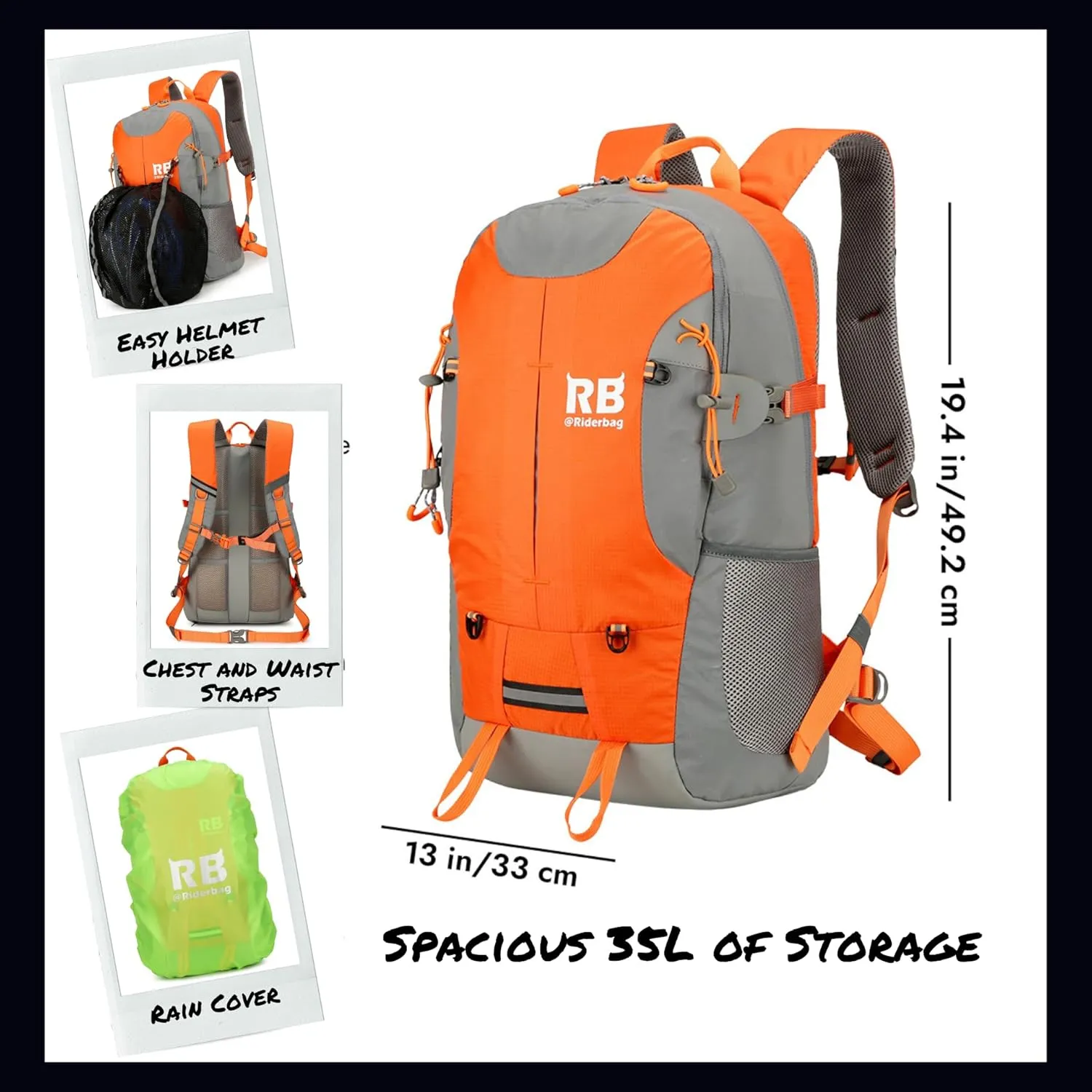 Reflective Motorcycle Backpack – Lightweight Hi Viz Riding Gear with Helmet Holder, Laptop pocket, Ventilated Back, Cycling, Hiking, Sport & Commuter Daypack (orange backpack)