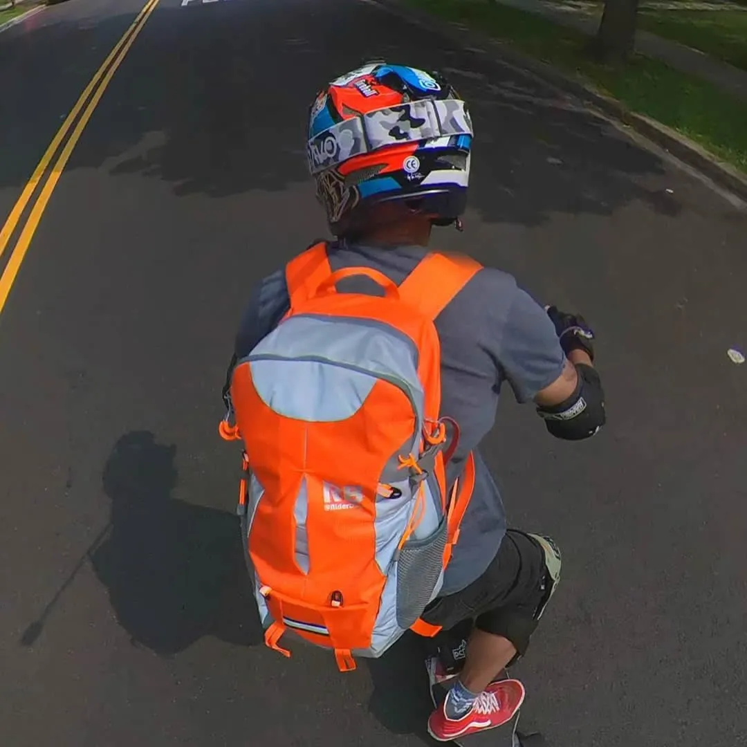 Reflective Motorcycle Backpack – Lightweight Hi Viz Riding Gear with Helmet Holder, Laptop pocket, Ventilated Back, Cycling, Hiking, Sport & Commuter Daypack (orange backpack)