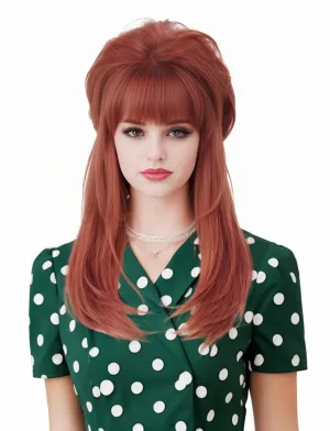 Reto Copper Red Wig for 50s 60s 70s Beehive Auburn Wig for Women with Bangs Ginger Big Bouffant Costune Wig for Halloween,Party,Daily Use（not including glasses）