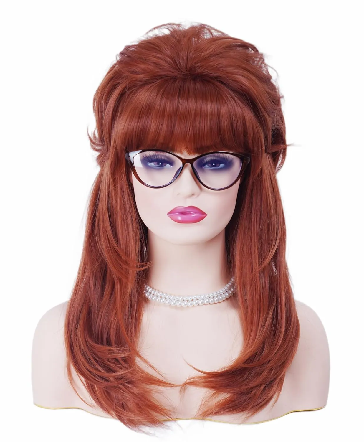 Reto Copper Red Wig for 50s 60s 70s Beehive Auburn Wig for Women with Bangs Ginger Big Bouffant Costune Wig for Halloween,Party,Daily Use（not including glasses）