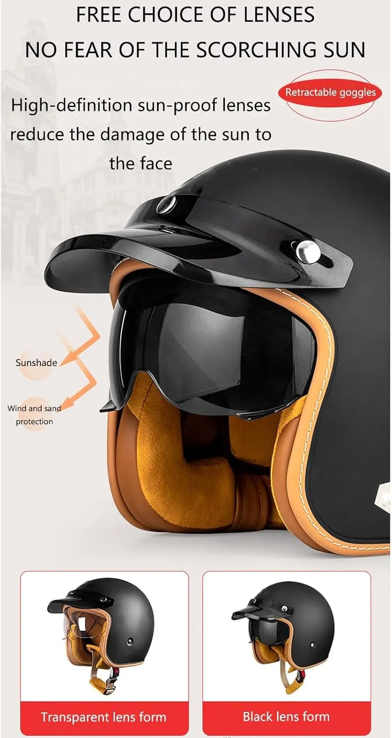 Retro Motorcycle Half Helmet Brain-Cap Jet Helmet for Adult Men and Women DOT Approved Half Shell Helmet Retro Chopper Scooter Helmet with Sun Visor Open-Face Motorbike Helmet