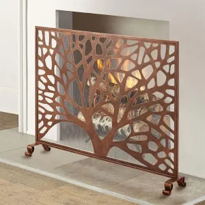 Retro Style Tree Design, Large Metal Flat Guard Baby Safe Proof Firewood Burning Stove Accessories, Reddish Brown