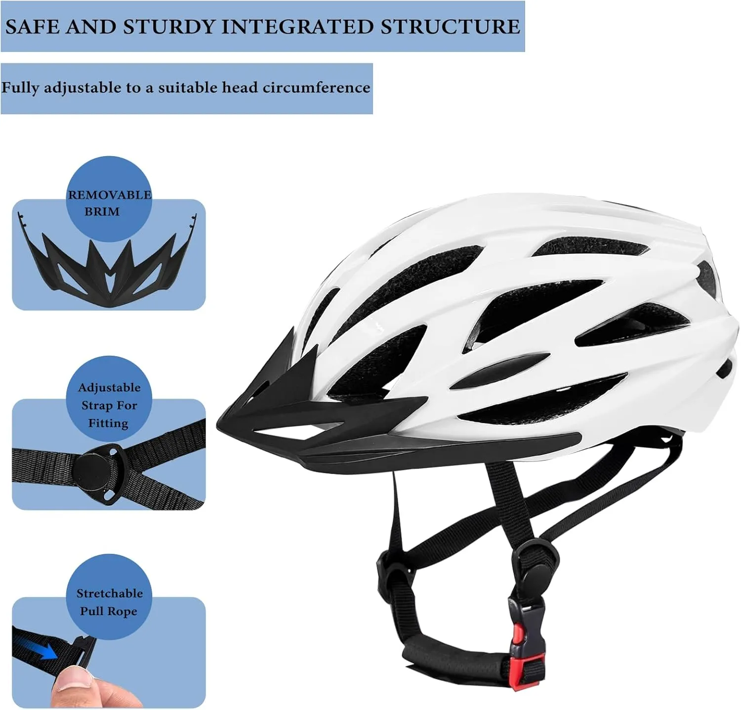 Road Bike Helmet Adult Men & Women, Adjustable Lightweight Design (22-24.5 Inches) - Vented, Removable Visor & Reflective White, for Day and Night Commuting & Sports | CPSC Certified