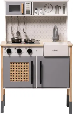 ROBUD Play Kitchen for Kids, Wooden Play Kitchen Set with Sounds & Lights, Modern Vintage Pretend Play Kitchen Set for Toddlers, Gift for Boys & Girls, 3  (Gray)