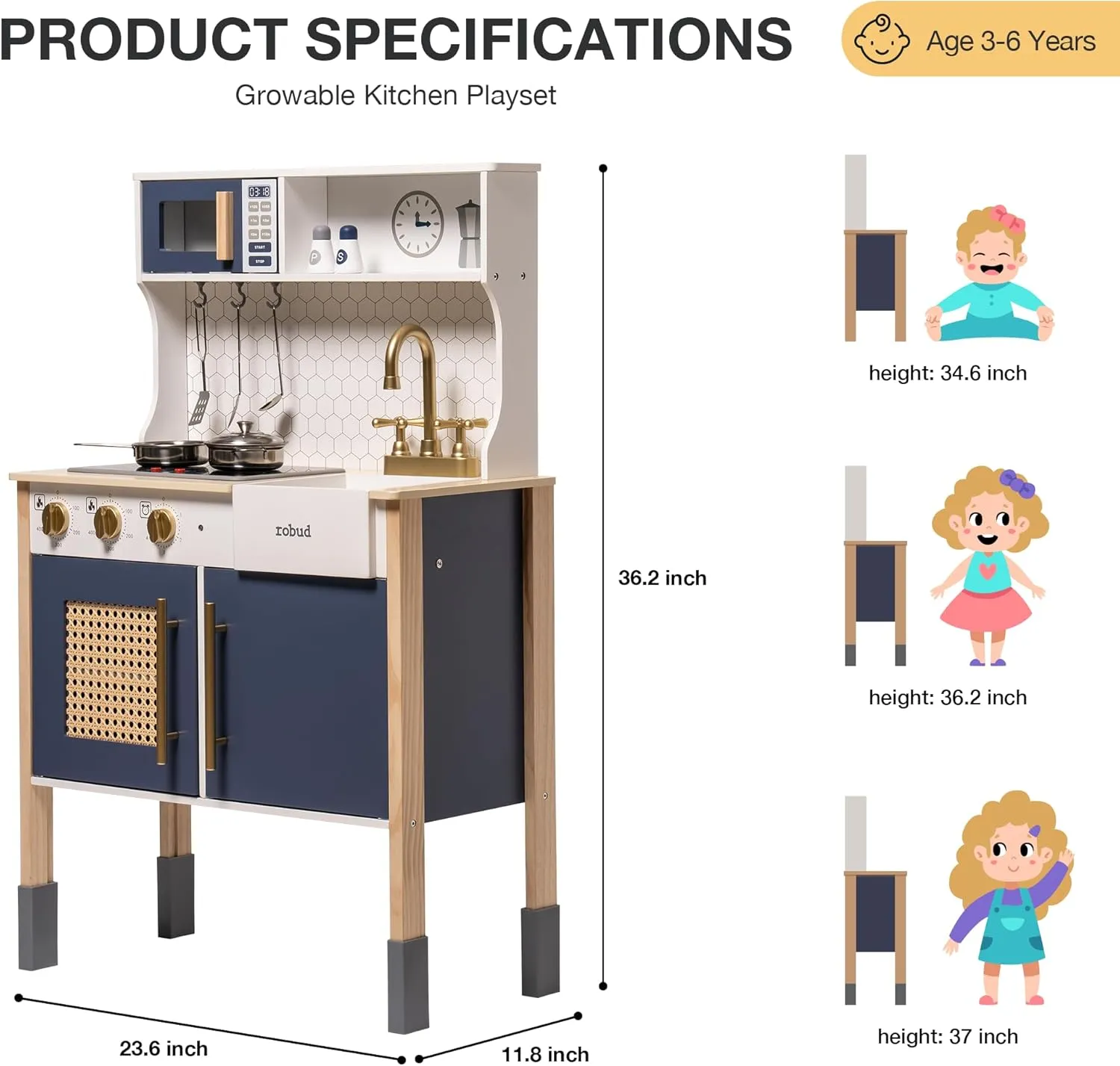 ROBUD Play Kitchen, Wooden Kids Kitchen Playset with Sounds & Lights, Pretend Play Kitchen Set for Toddlers, Gift for Boys & Girls, Vintage Style, 3  (Gem Blue)