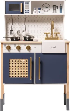 ROBUD Play Kitchen, Wooden Kids Kitchen Playset with Sounds & Lights, Pretend Play Kitchen Set for Toddlers, Gift for Boys & Girls, Vintage Style, 3  (Gem Blue)