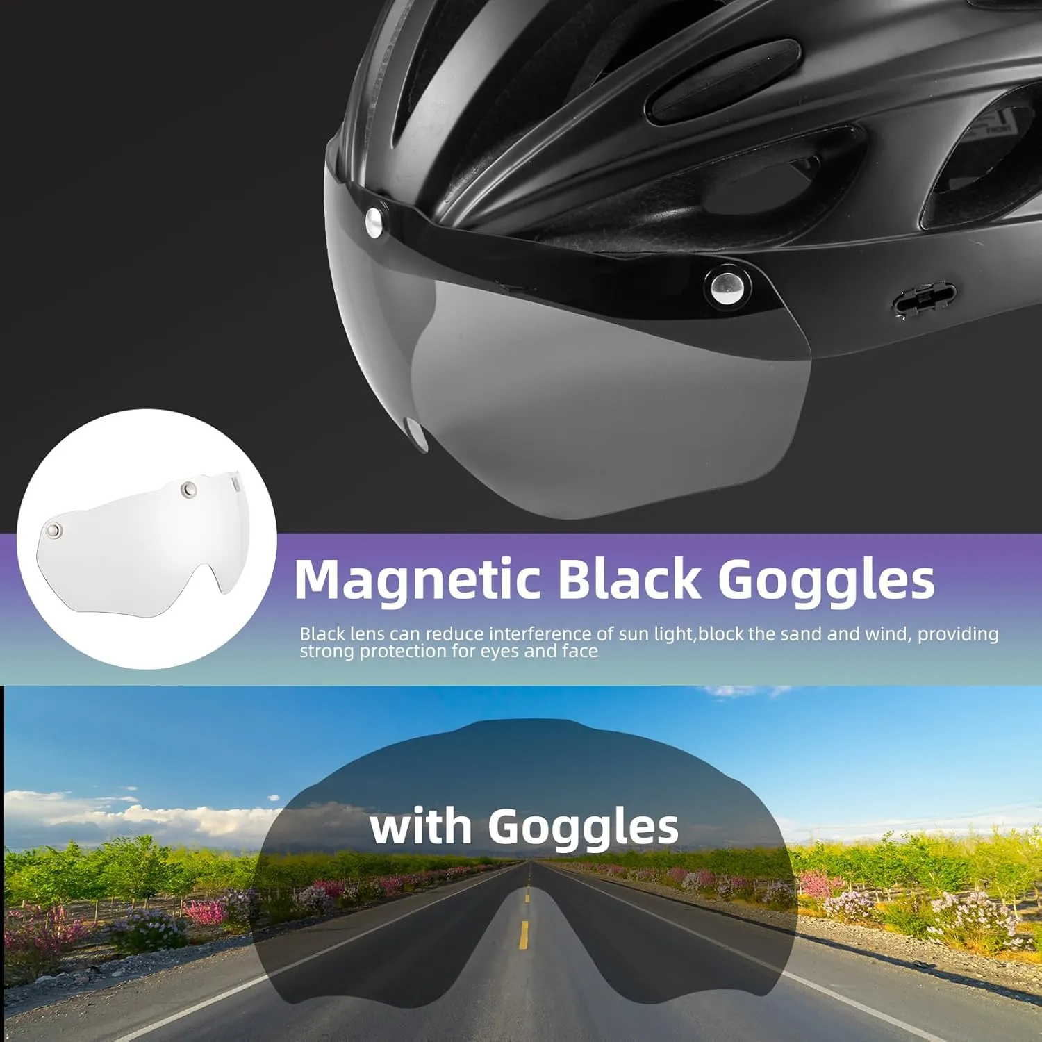 ROCKBROS Bike Helmet for Adult Men Women with Suggested Fit 58-65cm, Removable Goggles & Sun Visor, Lightweight with Adjustable Side and Chin Strap, Suitable for Myopia Glasses