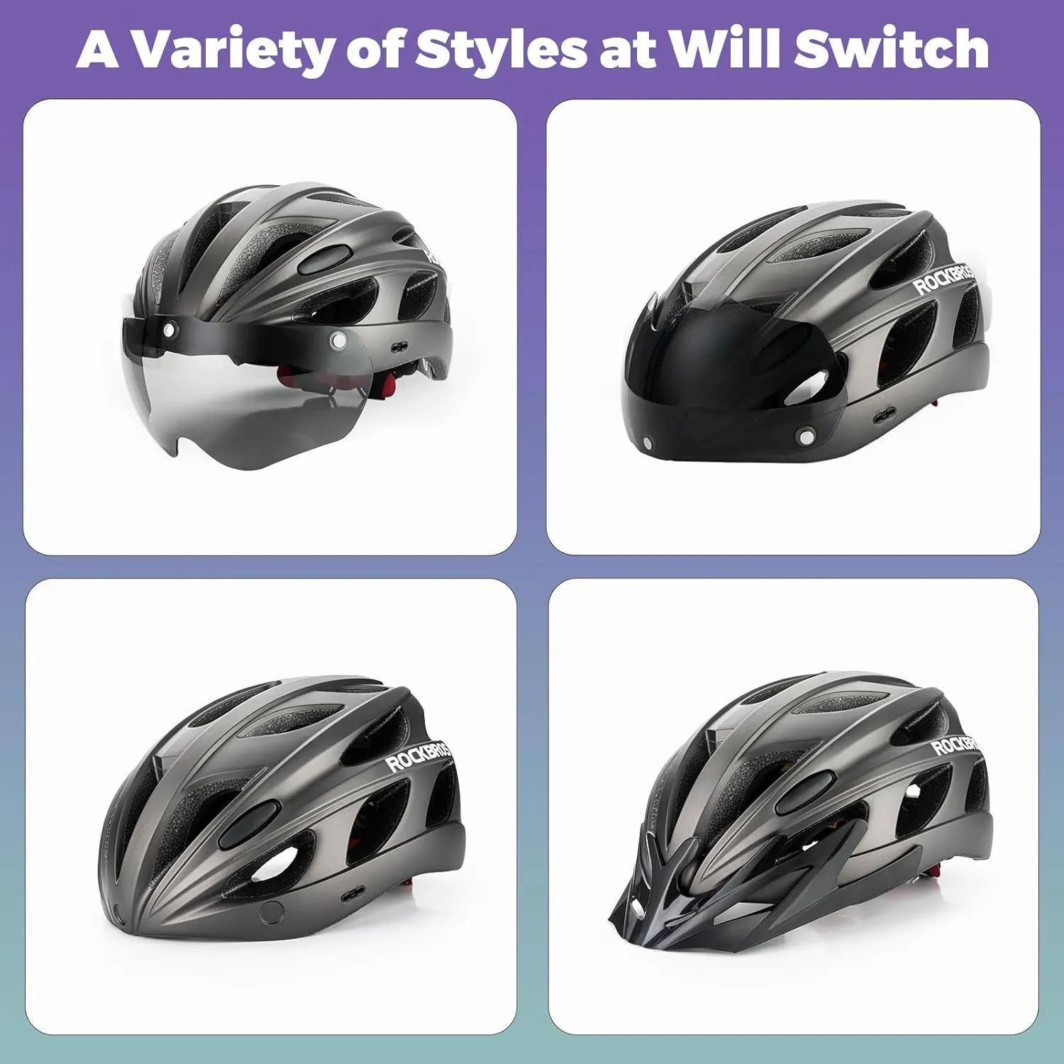 ROCKBROS Bike Helmet for Adult Men Women with Suggested Fit 58-65cm, Removable Goggles & Sun Visor, Lightweight with Adjustable Side and Chin Strap, Suitable for Myopia Glasses