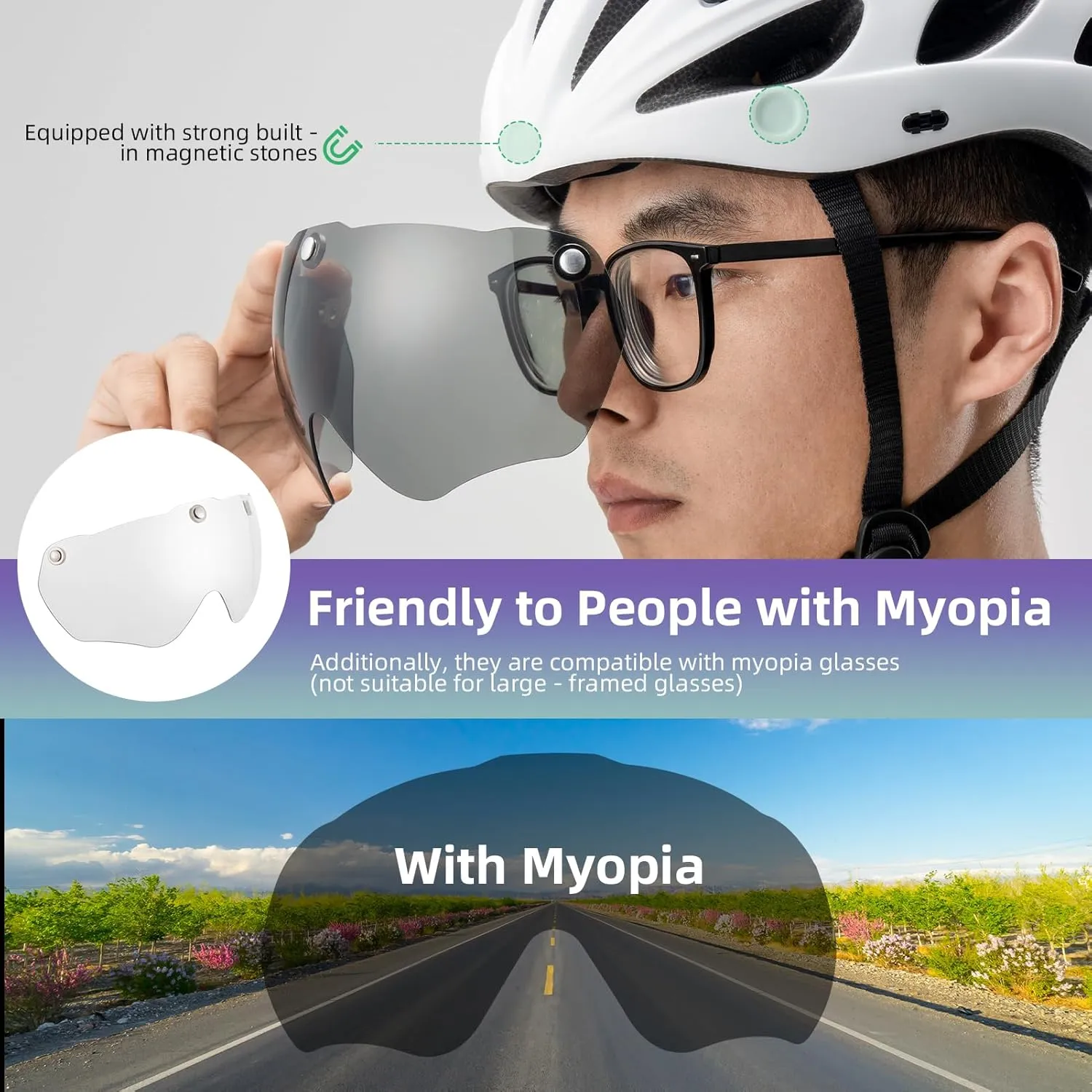 ROCKBROS Bike Helmet for Adult Men Women with Suggested Fit 58-65cm, Removable Goggles & Sun Visor, Lightweight with Adjustable Side and Chin Strap, Suitable for Myopia Glasses