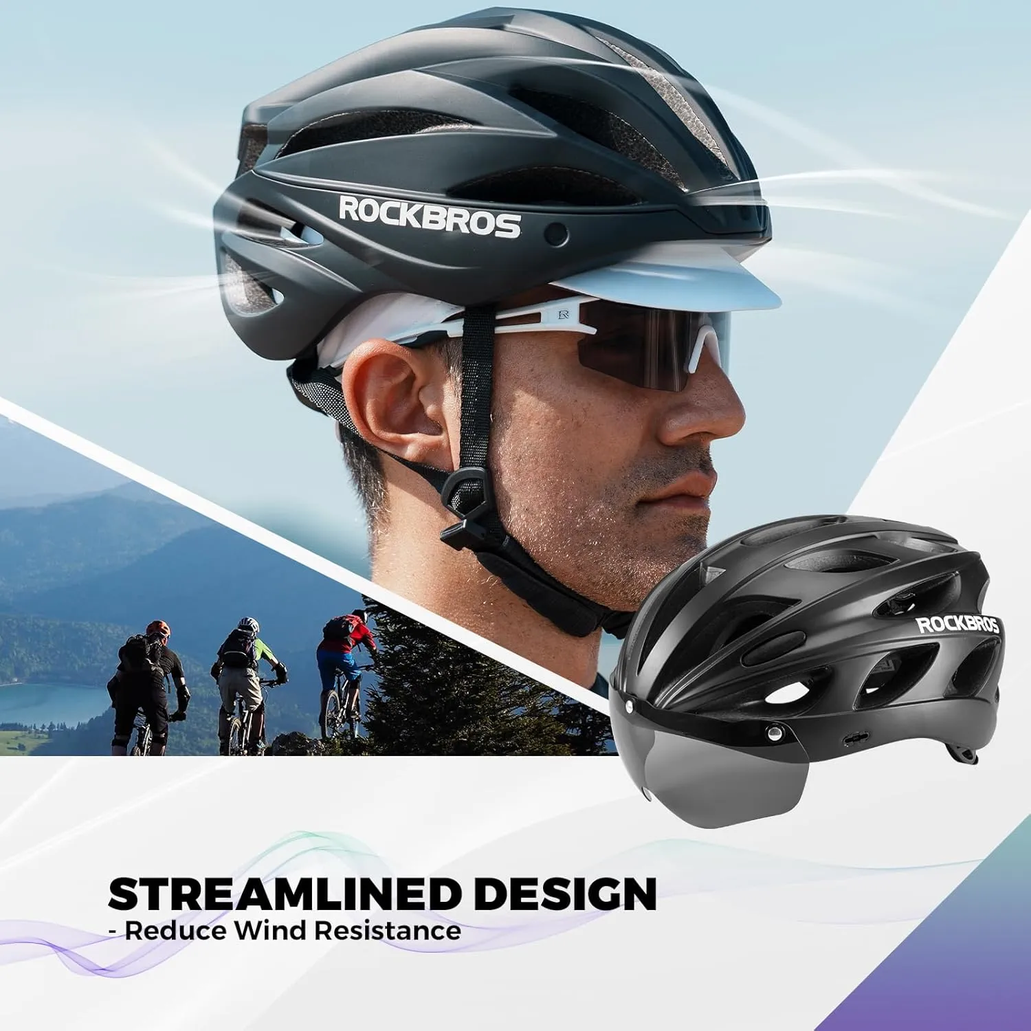 ROCKBROS Bike Helmet for Adult Men Women with Suggested Fit 58-65cm, Removable Goggles & Sun Visor, Lightweight with Adjustable Side and Chin Strap, Suitable for Myopia Glasses
