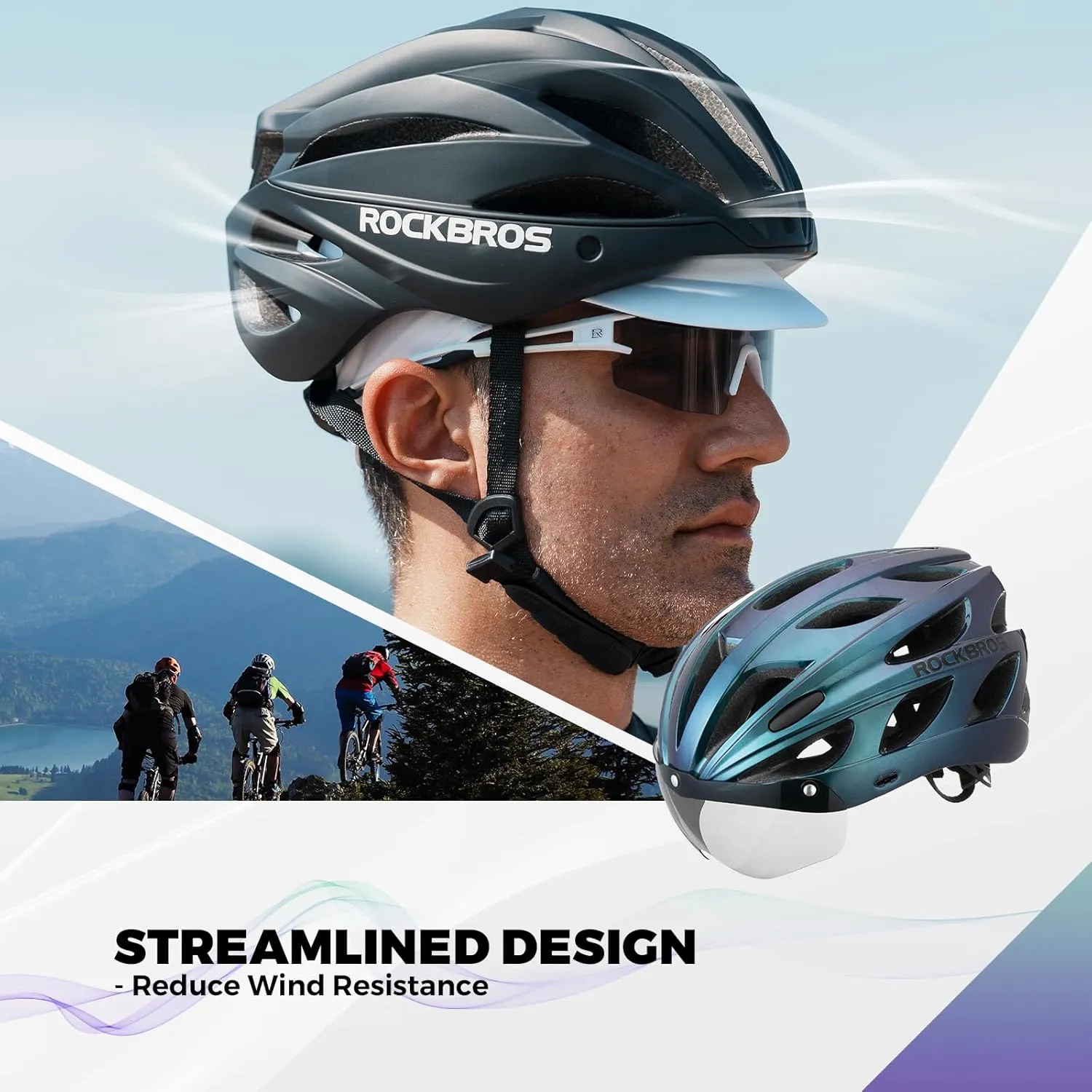 ROCKBROS Bike Helmet for Men Women Cycling Helmet with Removable Goggles & Sun Visor Mountain & Road Bicycle Helmets Adjustable Size Adult Cycling Helmets