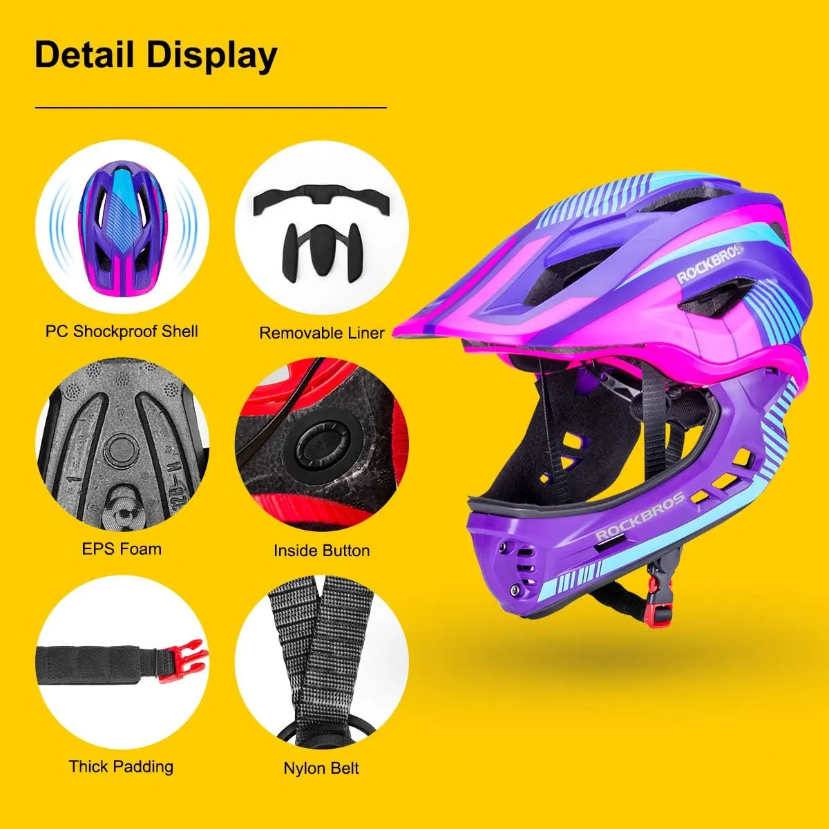 ROCKBROS Kids Full Face Helmet Kids Bike Helmets Lightweight Toddler Mountain Bike Helmet Detachable for MTB BMX Skating Cycling Scooter Safety Bicycle Helmets for Youth Child Boys Girls Ages 3-16