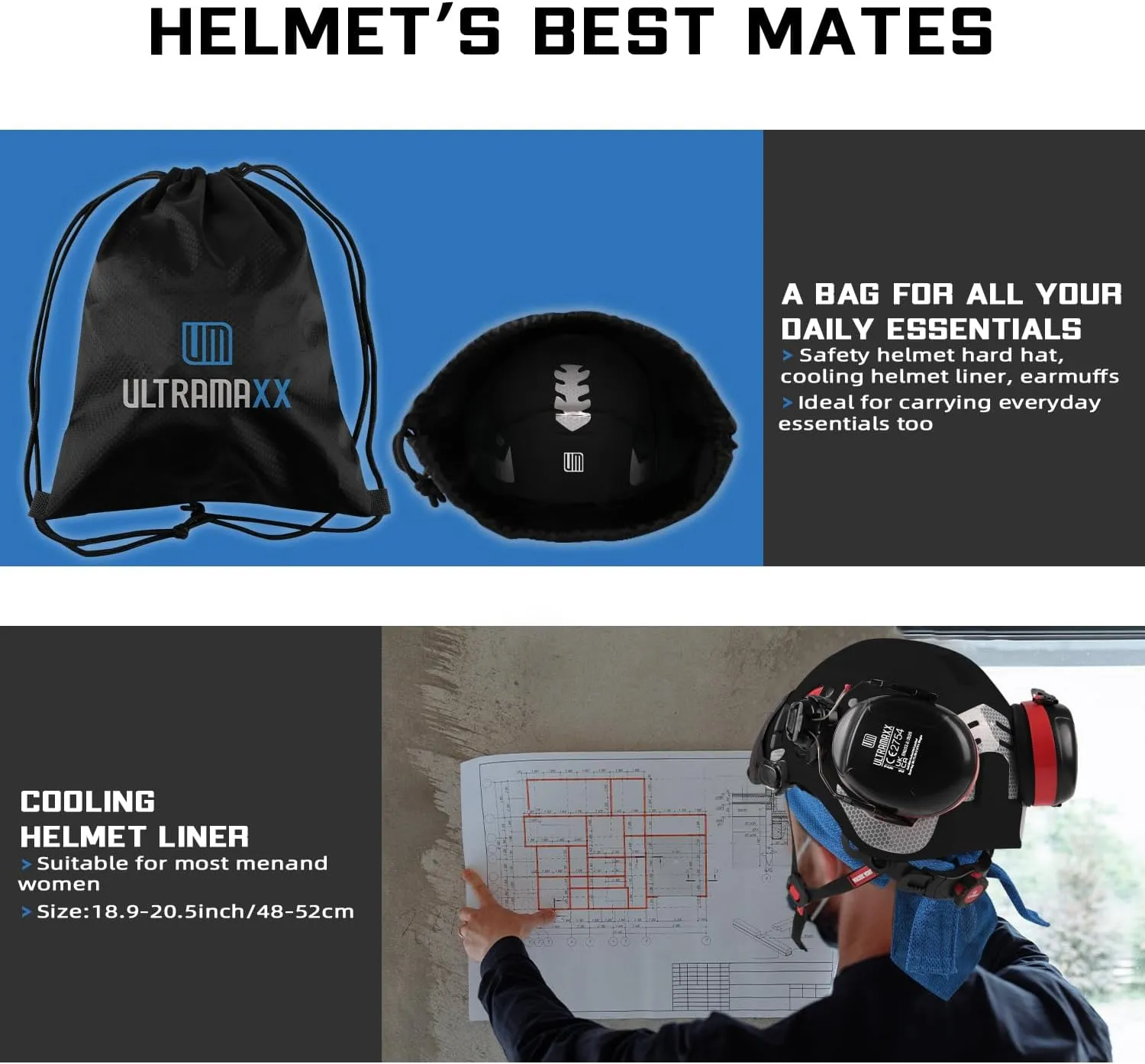 Safety Helmet Hard Hat and Ear Protection, ANSI Z89.1 Approved Lightweight Vented Work Helmet Kits, 6-Point Suspension Hardhat Ideal for Industrial and Construction