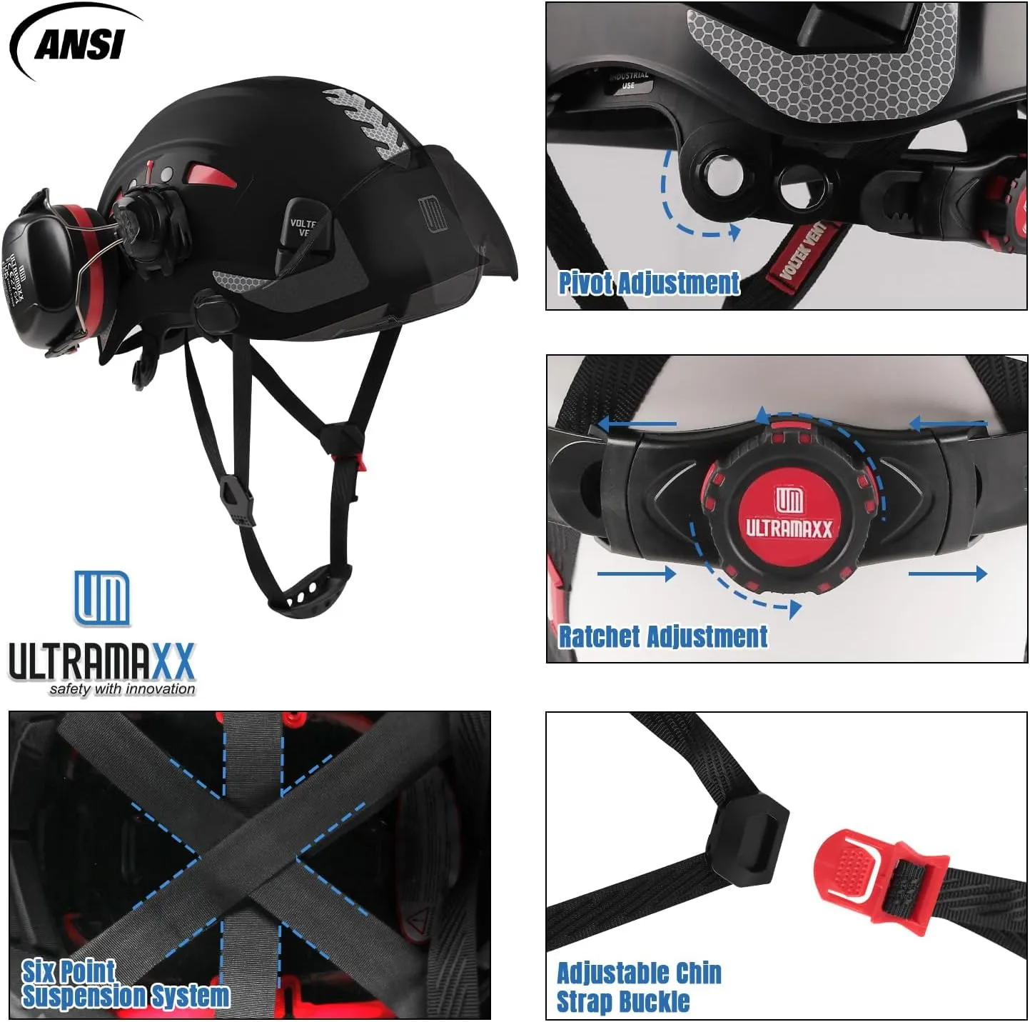 Safety Helmet Hard Hat and Ear Protection, ANSI Z89.1 Approved Lightweight Vented Work Helmet Kits, 6-Point Suspension Hardhat Ideal for Industrial and Construction