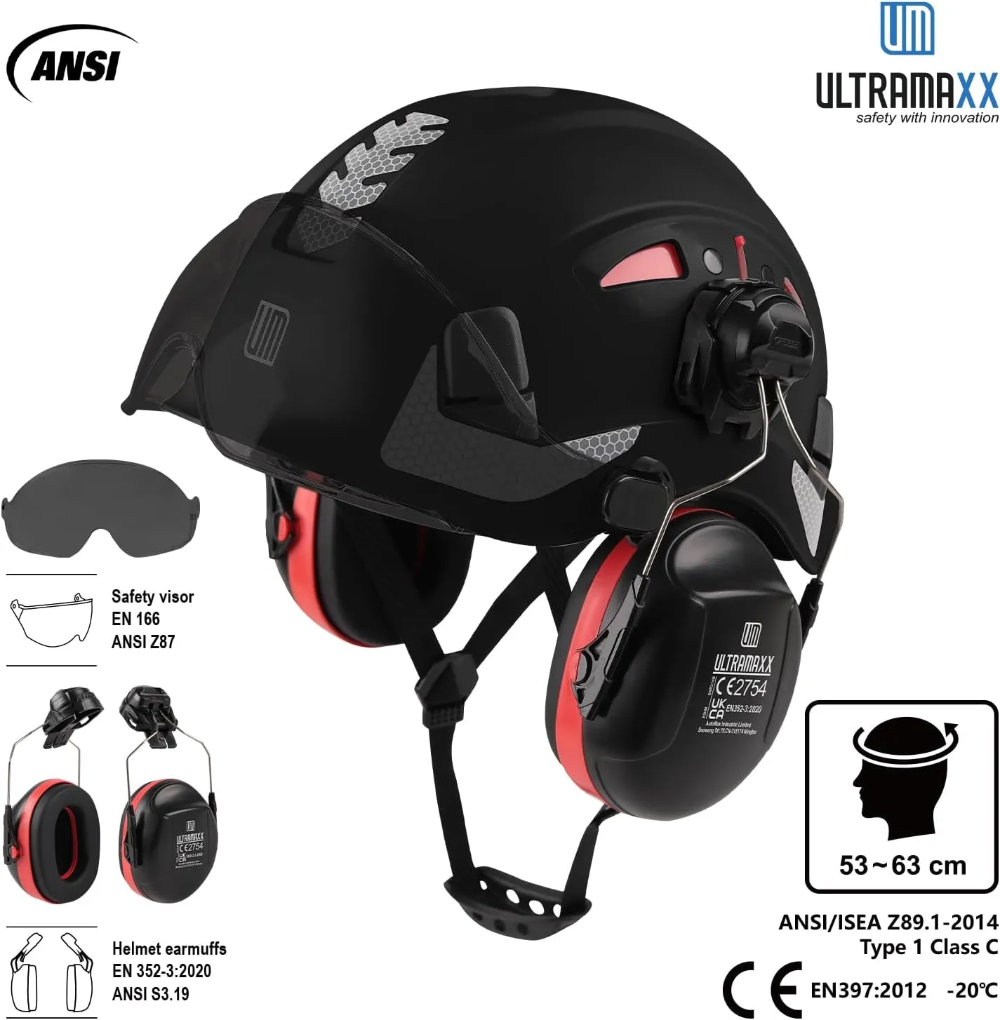 Safety Helmet Hard Hat and Ear Protection, ANSI Z89.1 Approved Lightweight Vented Work Helmet Kits, 6-Point Suspension Hardhat Ideal for Industrial and Construction