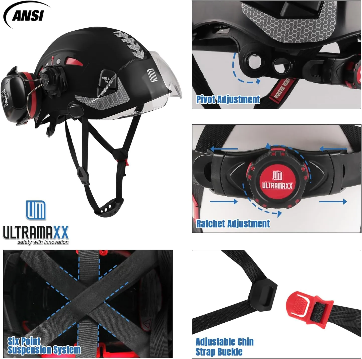 Safety Helmet Hard Hat and Ear Protection, ANSI Z89.1 Approved Lightweight Vented Work Helmet Kits, 6-Point Suspension Hardhat Ideal for Industrial and Construction